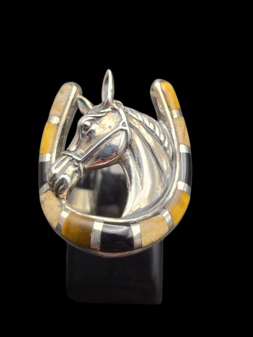 Sterling Silver Horse Head Horseshoe Ring, Jasper Inlay, Size 10.5